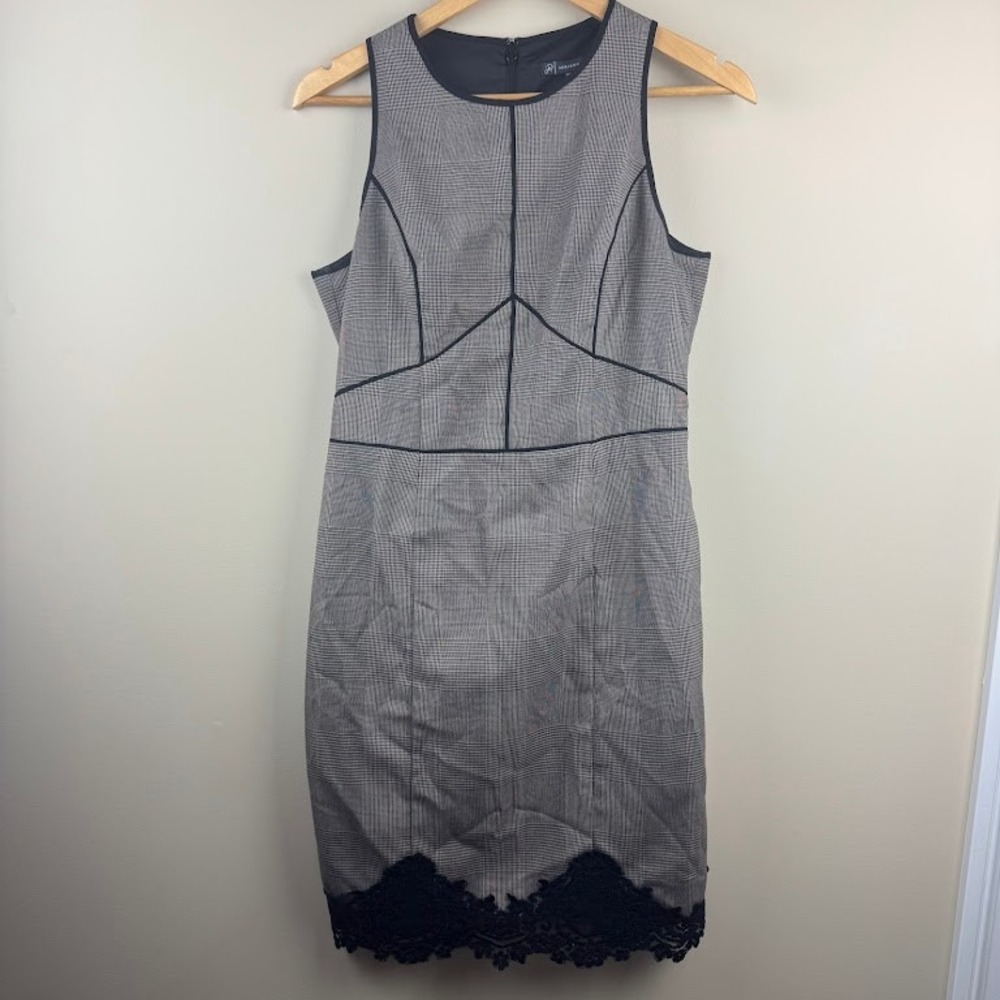 Adrianna Papell Tan Black Plaid Lace‎ Hem Sheath Dress Womens Size 6 Sleeveless